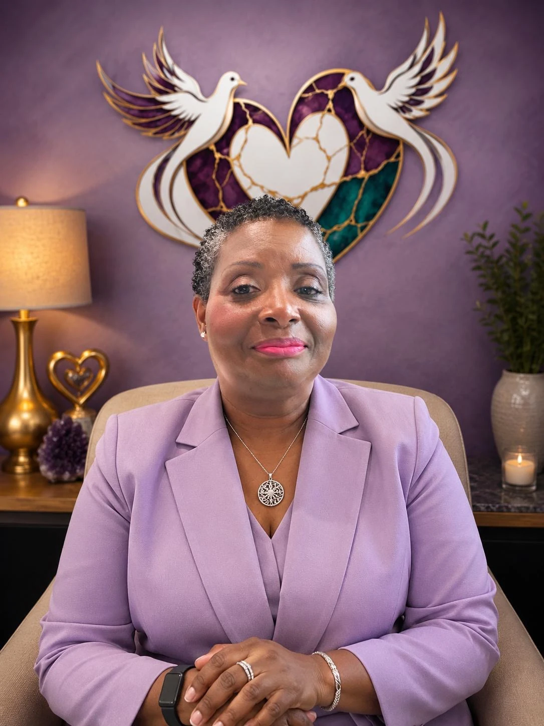 Jean-Ann Moses, LMHC, LPC, wearing a purple suit beneath the Peace from Pieces mark