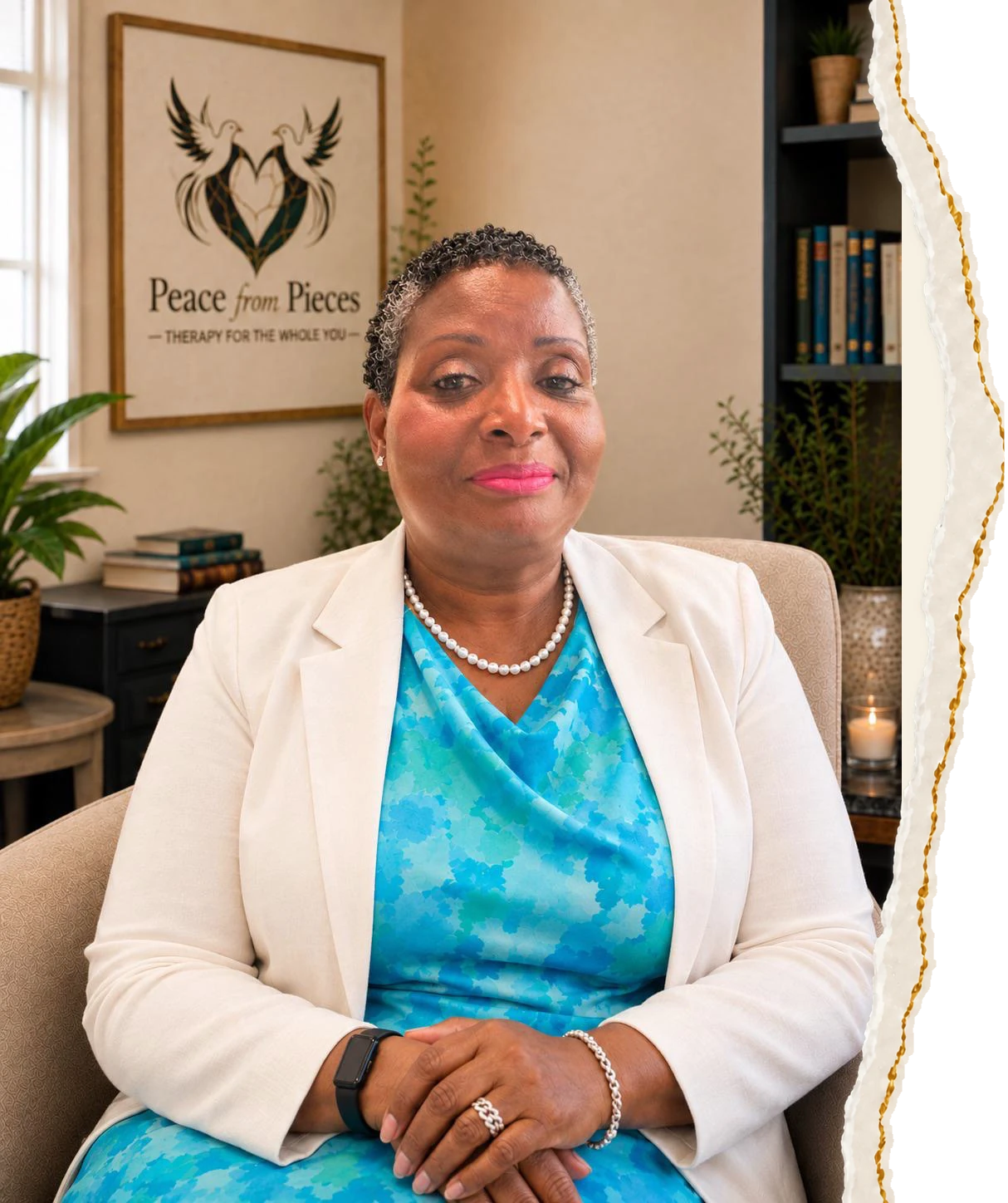 Jean-Ann Moses, LMHC, LPC, seated in a white blazer beneath the Peace from Pieces mark, framed by a torn gold Kintsugi edge